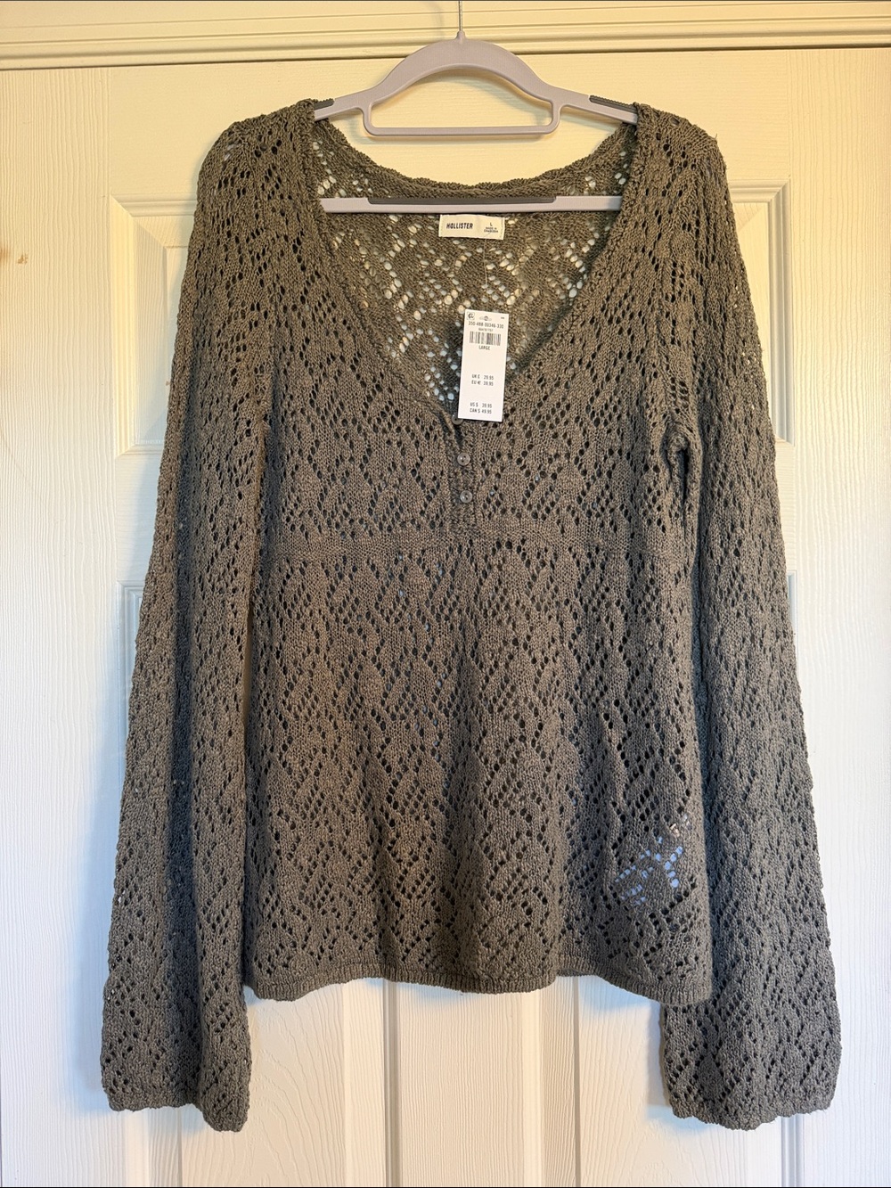 Hollister Olive Crochet V-Neck Pullover Sweater